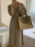 Zjkrl - Long Sleeves Loose Solid Color V-Neck Midi Dresses Sweater Dresses