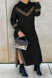 Zjkrl - Black Casual Print Patchwork Slit Hooded Collar Long Sleeve Dresses