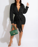 Satin Button Front Ruched Belted Shirt Dress