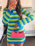 Zjkrl - Long Sleeves Skinny Backless Contrast Color Tied Round-Neck Mini Dresses Sweater Dresses