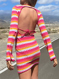 Zjkrl - Long Sleeves Skinny Backless Contrast Color Tied Round-Neck Mini Dresses Sweater Dresses
