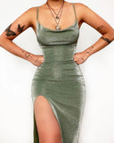 Zjkrl - Glitter High Slit Spaghetti Strap Party Dress