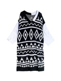 Zjkrl - Long Sleeves Loose Contrast Color Diamond-Patterned Split-Joint Lapel Midi Dresses Sweater Dresses