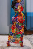 Zjkrl - Red Elegant Patchwork Print Floral Patchwork Fold Printing Strapless Printed Dress Dresses