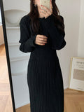 Zjkrl - Simple Long Sleeves Black Split-Joint Elasticity Waist Pleated Midi Dress