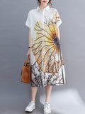 Zjkrl - Artistic Retro Floral Printed Buttoned Lapel Collar Short Sleeves Midi Shirt Dress