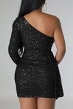 Zjkrl - Blue Sexy Celebrities Solid Sequins Patchwork One Shoulder Wrapped Skirt Dresses