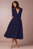 Zjkrl - New Sexy Deep V Mid Sleeve Dress Midi Dress Skater Dresses