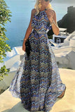 Zjkrl - Fashion Sexy Halter Print Pleated Long Dress Women Sweet O Neck Beach Maxi Dress
