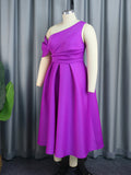 Zjkrl - Wrap Hollow Pleated Solid Color Zipper One-Shoulder Midi Dresses