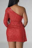 Zjkrl - Blue Sexy Celebrities Solid Sequins Patchwork One Shoulder Wrapped Skirt Dresses