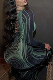 Zjkrl - Green Elegant Print Patchwork Backless O Neck Printed Dress Dresses