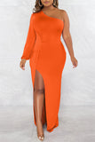 Zjkrl - White Sexy Formal Solid Backless Slit Oblique Collar Long Sleeve Dresses