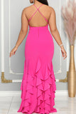 Zjkrl - Rose Red Sweet Daily Elegant Patchwork Flounce Solid Color Spaghetti Strap Dresses