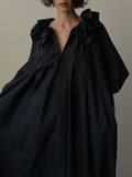 Zjkrl - Loose Puff Sleeves Pleated Solid Color Split-Joint Tiered V-Neck Midi Dresses