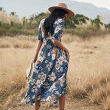Zjkrl - Summer Sexy Floral Print Dress Women Casual High Waist V-Neck Dress Women Split A-Line Dress Vestidos Femme Dress Outwear