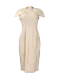 Zjkrl - Short Sleeves Skinny Pleated Solid Color Split-Back Split-Front Split-Joint Round-Neck Midi Dresses