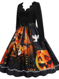 Women‘s Halloween Dress Swing Dress Knee Length Dress Black Blue Purple Yellow Orange Red Long Sleeve Abstract Pumpkin Ghost Bow Print Fall Winter V Neck Stylish Vintage 2023 S M L XL XXL 3XL