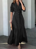 Zjkrl - Solid Button Front Belted Dress, Elegant Ruched Sleeve Ruffle Trim Maxi Dress, Women's Clothing