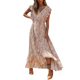 Zjkrl - Summer Beach Maxi Dress Women Floral Print Boho Long Dress Ruffles Wrap Casual V-Neck Split Sexy Party Dress
