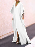Zjkrl - Batwing Sleeves Loose Solid Color Split-Side V-Neck Maxi Dresses