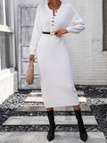 Zjkrl - Long Sleeves Loose Buttoned Split-Joint Round-Neck Midi Dresses Sweater Dresses