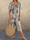 Zjkrl - A-Line Loose Printed Round-Neck Midi Dresses