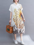 Zjkrl - Artistic Retro Floral Printed Buttoned Lapel Collar Short Sleeves Midi Shirt Dress