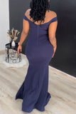 Zjkrl - Navy Blue Elegant Formal Plain Solid Color Long Dress Dresses
