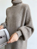Zjkrl - Urban Loose Puff Sleeves Solid Color High-Neck Sweater Dresses