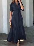 Zjkrl - Solid Button Front Belted Dress, Elegant Ruched Sleeve Ruffle Trim Maxi Dress, Women's Clothing
