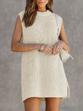Zjkrl - Loose Sleeveless Solid Color Split-Joint Tied Waist Round-Neck Mini Dresses Sweater Dresses