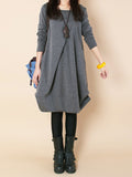 Zjkrl - Original Loose Pleated 4 Colors Round-Neck Long Sleeves Short Dress