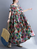Zjkrl - Vintage Loose Multi-Colored Floral Printed Midi Dress
