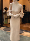 Zjkrl - Long Sleeves Solid Color Mock Neck Cardigan Top + High Waisted Sweater Dress Two Pieces Set