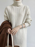 Zjkrl - Stylish Loose Long Sleeves Solid Color High-Neck Twist Sweater Dresses
