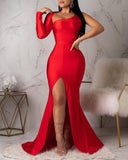 Zjkrl - Asymmetrical One Shoulder High Slit Backless Mermaid Dress