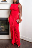 Zjkrl - Red Casual Daily Elegant Patchwork Flounce Solid Color O Neck Asymmetrical Dresses