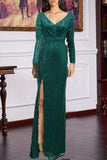 Zjkrl - Red Sexy Formal Patchwork Sequins Slit V Neck Long Sleeve Dresses