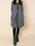 Zjkrl - Original Loose Pleated 4 Colors Round-Neck Long Sleeves Short Dress