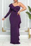 Zjkrl - Purple Elegant Formal Plain Patchwork Flounce One Shoulder Evening Dress Dresses