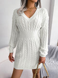 Zjkrl - High Waisted Long Sleeves Solid Color V-Neck Mini Dresses Sweater Dresses