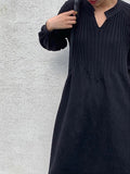 Causal Loose Solid Color Pleated V-Neck Long Puff Sleeves Sweater Dress