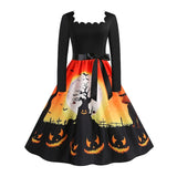 Women‘s Halloween Dress Retro 1950s Vintage Dress Midi Dress Holiday With Belt Bow Pumpkin Square Neck Long Sleeve Regular Fit Spring Fall 2023 Black Yellow S M L XL