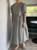 Zjkrl - Original Loose Solid Color Pleated Puff Sleeves Midi Dress