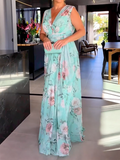 Zjkrl - Sleeveless Floral Printed Split-Side V-Neck Maxi Dresses