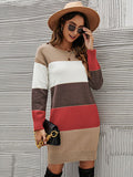 Zjkrl - Casual Long Sleeves Contrast Color Round-Neck Sweater Dresses