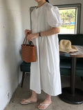 Zjkrl - Original Loose Solid Color Pleated Puff Sleeves Midi Dress