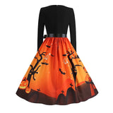 Women‘s Halloween Dress Retro 1950s Vintage Dress Midi Dress Holiday With Belt Bow Pumpkin Square Neck Long Sleeve Regular Fit Spring Fall 2023 Black Yellow S M L XL