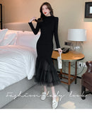 Zjkrl - Elegant Mesh Stitching Mermaid Dress Women Black Slim Sheath Mid Dresses Simple Office Wear Party